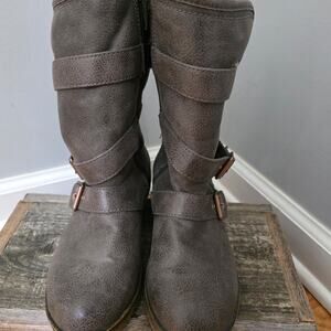 Roxy Rudy Boots Women's Size 5.5 Brown Faux Leather Fur Lined Moto Buckle